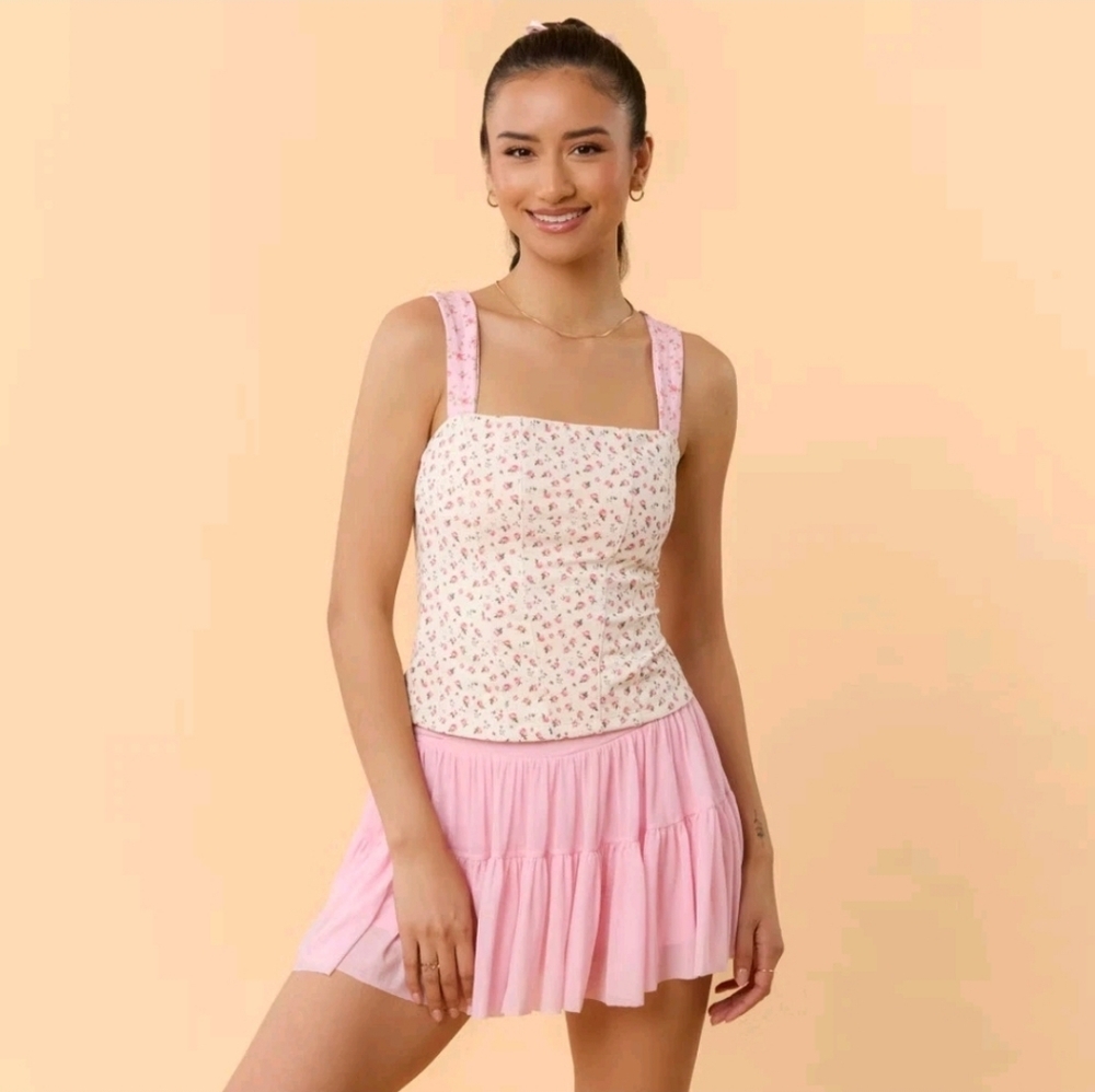 🆕 Blogilates Women's Tiny Bows Corset Tank Top - Cream Floral Size XL